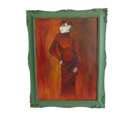 In the style of OTTO DIX (1891-1969), a green painted framed oil on canvas onto board study 'Portrait of the dancer Anita Ber