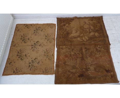 A pair of Belgian-style tapestries depicting partridge and duck with chicks (one with burn marks) (64 x 88 cm) and a tapestry