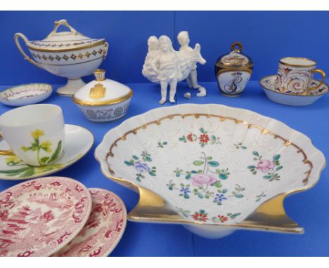 An interesting selection of ceramics to include:an early 19th century two-handled Derby boat-shaped sucrier (one handle away)