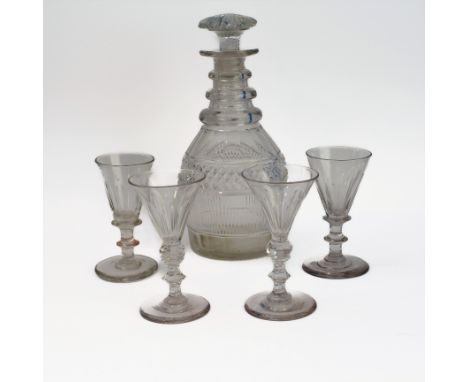 A 19th century ring-neck cut-glass decanter (probably Irish) with original mushroom stopper (nibbled) (24cm high), and four 1