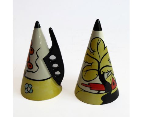 Two similar Lorna Bailey hand-decorated ceramic dredgers in 1930s Art Deco style, 'Oaklands' and 'Poolfields' (13.5cm high)Co