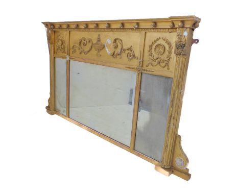 A 19th century gilt-framed neoclassical-style overmantle looking glass frieze above three plates (Some restoration required):