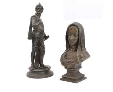 Two circa 1900 spelter figures, Sir Francis Drake and a bust of the Madonna (41 and 31 cm high)