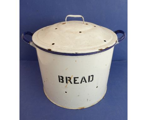 A circular two-handled white-enamel bread bin (37.5cm diameter not including handles)