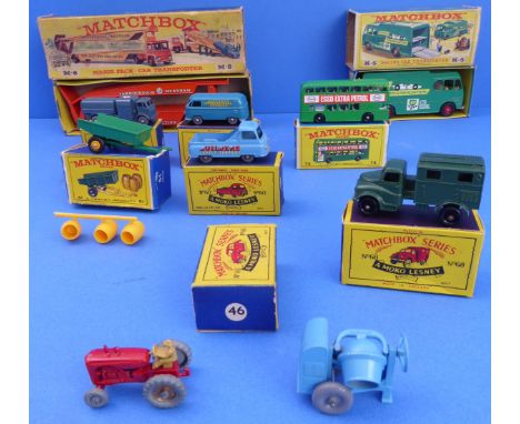 Seven boxed Matchbox die-cast models, two unboxed and one empty box.7 BOXED: Racing Car Transporter K-5; Car Transporter M-8;