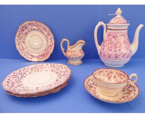 19th century Sunderland lustreware comprising&nbsp;a coffee pot (26 cm high) and a&nbsp;cream jug,&nbsp;a cup and saucer, and