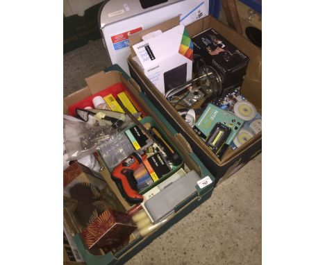 2 boxes of assorted items including table lamp, HP printer, push lights, indoor tv aerial etc 