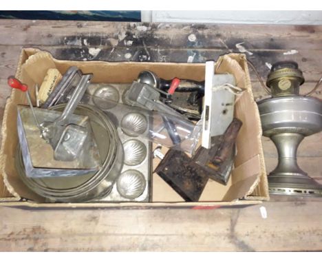 A box of kitchenalia, lamp, lock etc. 
