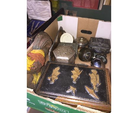 A box of metalware including trinket boxes 