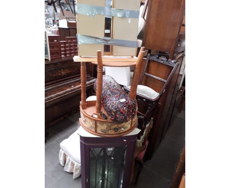 Four items of furniture comprising a purple painted corner cabinet, a demi-lune table, a colourful lamp and a pine triple mir