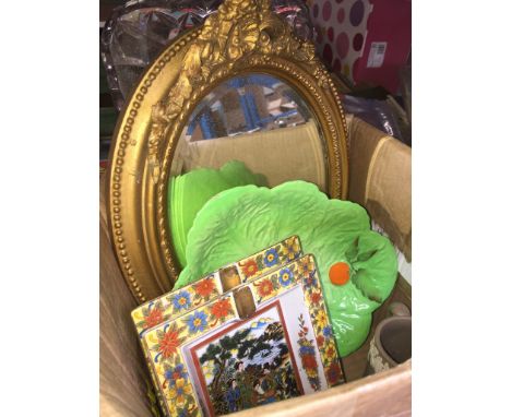 A mixed box with mirrors, glass tray, Carlton ware dish, esatern scenes ashtrays, and Wedgwood jug 