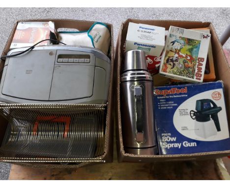 Two boxes of household items including tool boxes, flask, etc. 