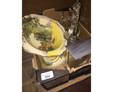 A mixed box including Doulton seriesware, brassware and carriage clock 