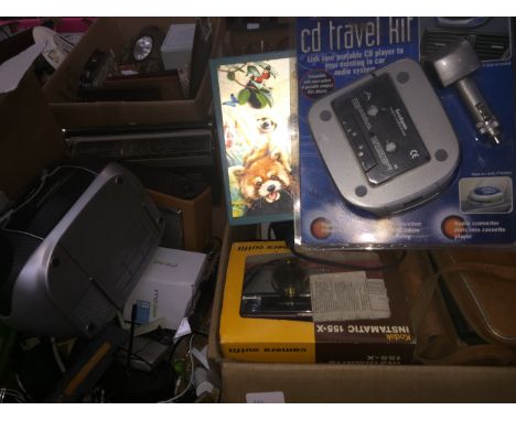 Two boxes of items including CD plasyer, Roberts radio, Philips radio, camera etc 