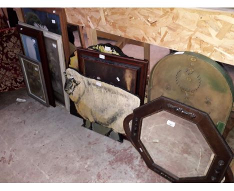 A mixed lot of prints, a 2D painted wooden sheep, a bagatelle board, a 1920s oak framed mirror, a print after Vernon Ward etc