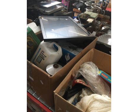 A box of crochet work and a box of misc items including telephone, camping gas lamp, ewbank type carpet cleaner, Linsar 22"tv