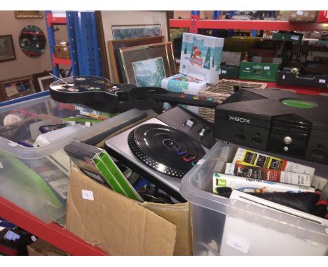 Three boxes of games etc including Xbox console and games, Playstation 2 games, 2 x Wii consoles and games, DJ Hero deck etc 