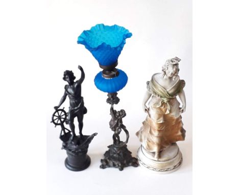 A mixed lot comprising a spelter figure, a figural oil lamp and a plaster figure, tallest 50cm.Condition:--No major damage or