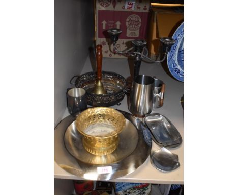 A selection of metal wares including Maxwell and Williams bowl and three tier candle stick