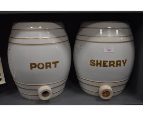 Two vintage ceramic kegs,one labelled Port, the other Sherry.