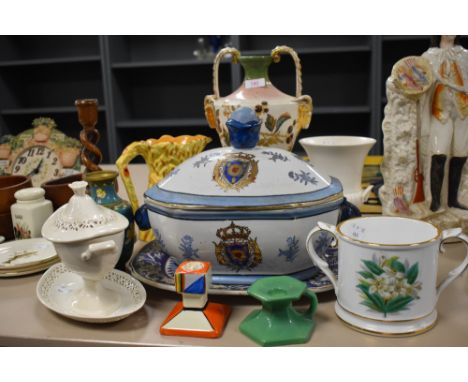 A mixed collection on ceramics, including urn with blackberry pattern and gilt detailing, a hand painted art deco Bursley war