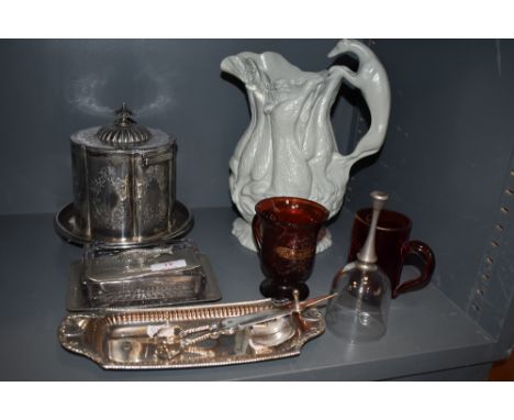 A Victorian pottery game jug, a selection of plated ware including a biscuit barrel and Victorian Ruby glass