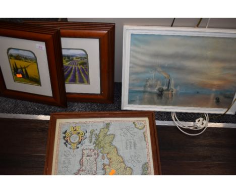 A selection of prints and picture frames including ordnance map and Turner