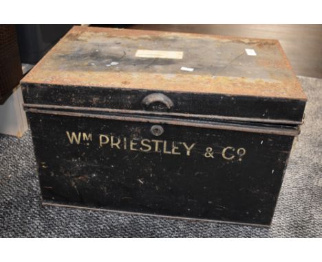A vintage metal deed or document box marked Wm Priestley &amp; Co