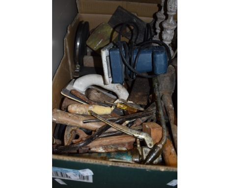 A collection of vintage and modern tools,includes Bosch sander, saws, hammers and more.