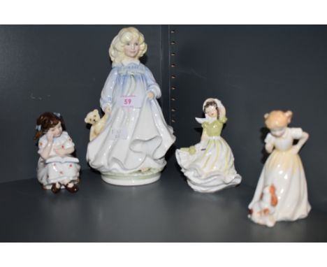 Three Royal Doulton figurines, Hope HN3061, Sit HN3123 &amp; Story Time HN3695 along with a Royal Worcester figurine, March W