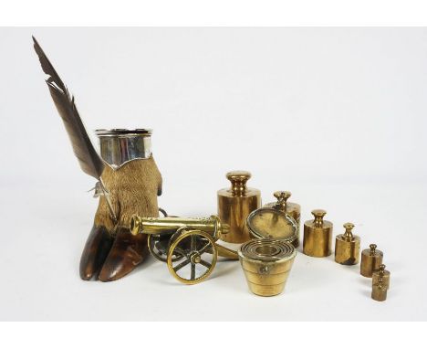 Taxidermy Inkwell, Modelled as an Animal Hoof, Having a silver plated lid, 13cm high, With some assorted Brass Weights (a lot