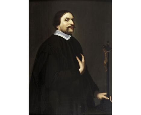 Dutch School 17th Century Portrait of a gentleman, three quarter length, wearing black with a white lace collar, holding a cr