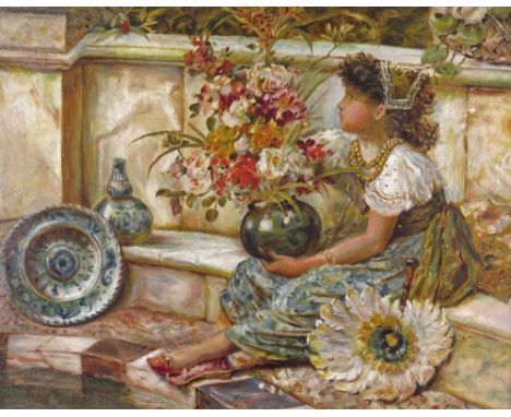 William Stephen Coleman (1829-1904) Young girl with flowers by a reflecting pool Signed 41 x 51cm; 16 x 20in ++Unlined, some 
