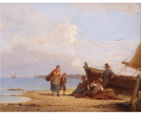 Pieter Christian Dommersen (fl. 1865-1913) Fisherfolk on the shores A pair, both signed and dated 1887 Both oil on panel Each
