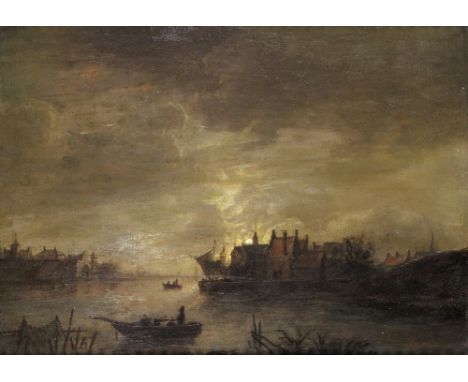 Follower of Aert van der Neer Fishing boats on a river near a town in moonlight  Oil on panel  28 x 37cm; 11 x 14½in      