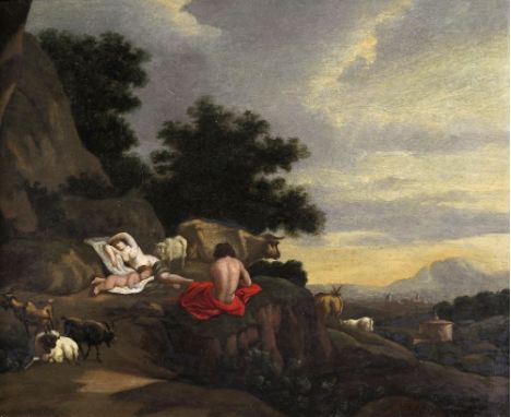 Dutch School 18th Century Shepherd and family resting on a mountainside, a town beyond Oil on panel 32 x 39cm; 12½ x 15in ++P