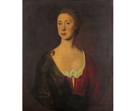 English School mid 18th Century Portrait of a lady, half length, wearing a red robe Oil on canvas laid on panel 77 x 65cm; 30