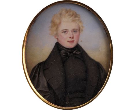 λ English School mid 19th Century Portrait miniature of a gentleman with blond hair, wearing mourning Oval, in a gilt metal f