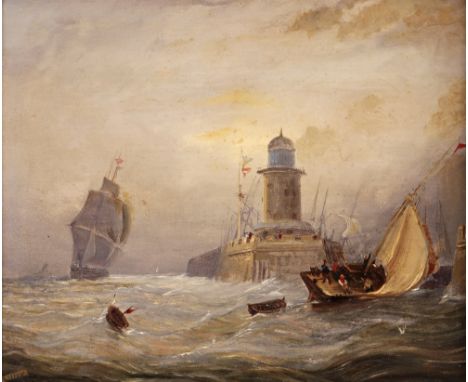 Thomas Luny (1759-1837) A ship coming into harbour with a lighthouse on the harbour wall Signed Oil on panel 20 x 25cm; 8 x 1