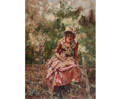 French School 19th Century Portrait of a girl seated on a wall, wearing pink Oil on panel, unframed 33 x 23.5cm; 13 x 9¼in