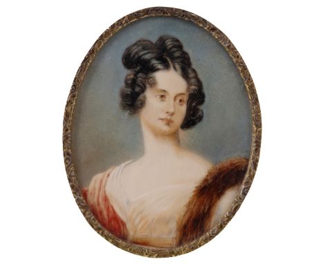 λ English School c.1810 Portrait miniature of a lady, head and shoulders, her hair in ringlets and a fur stole over her shoul