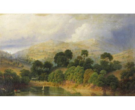 Follower of John Glover A train in a lake landscape Oil on canvas 21 x 33cm; 8¼ x 13in With a Dutch 18/19th Century landscape