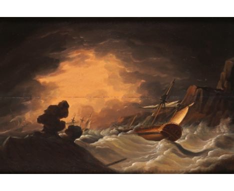 English School 18/19th Century Ships in distress in a storm on a rocky coast Signed with initials J.M. Oil on panel 32 x 47.5