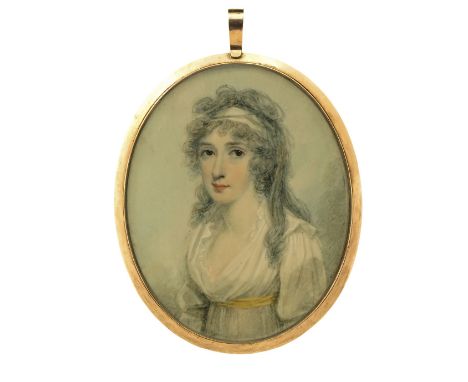 λ Attributed to Richard Cosway (1742-1821) Portrait miniature of a lady, head and shoulders wearing a white dress tied with a