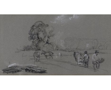 Peter de Wint (1784-1849) Figures and horses logging; a country house Two both pencil heightened with white on grey paper Eac