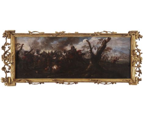 Continental School 18th Century A battle scene Oil on canvas in a carved wood frame 37 x 99cm 14½ x 39in ++Old lining, retouc