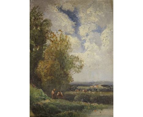 English School 19th Century River landscape with fishermen examining a fishing net Oil on panel 22 x 16cm; 8¾ x 6¼in Provenan