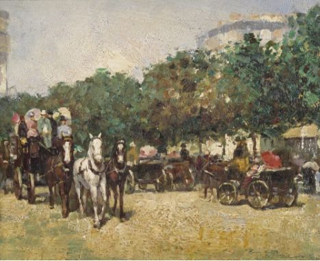 French School late 19th Century Horse drawn carriages in a Paris street Oil on panel 20 x 25cm, 8 x 10in ++Panel stable, some