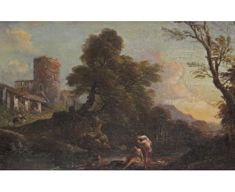 Follower of Francesco Zuccarelli R.A. A wooded river landscape with bathers on a bank, a fortified town beyond Oil on canvas 
