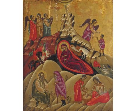 Greek School 17th Century The Nativity Oil on panel 46.5 x 38.5cm; 18½ x 15in